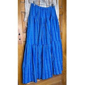 Vintage 70s stretch blue tribal peasant tiered full maxi skirt